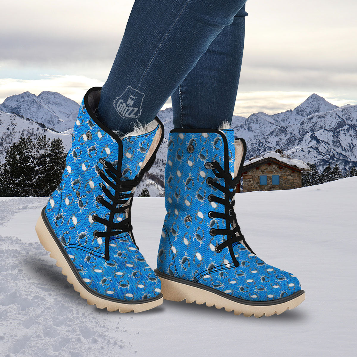 Wave Crab White And Blue Print Pattern Snow Boots-grizzshop