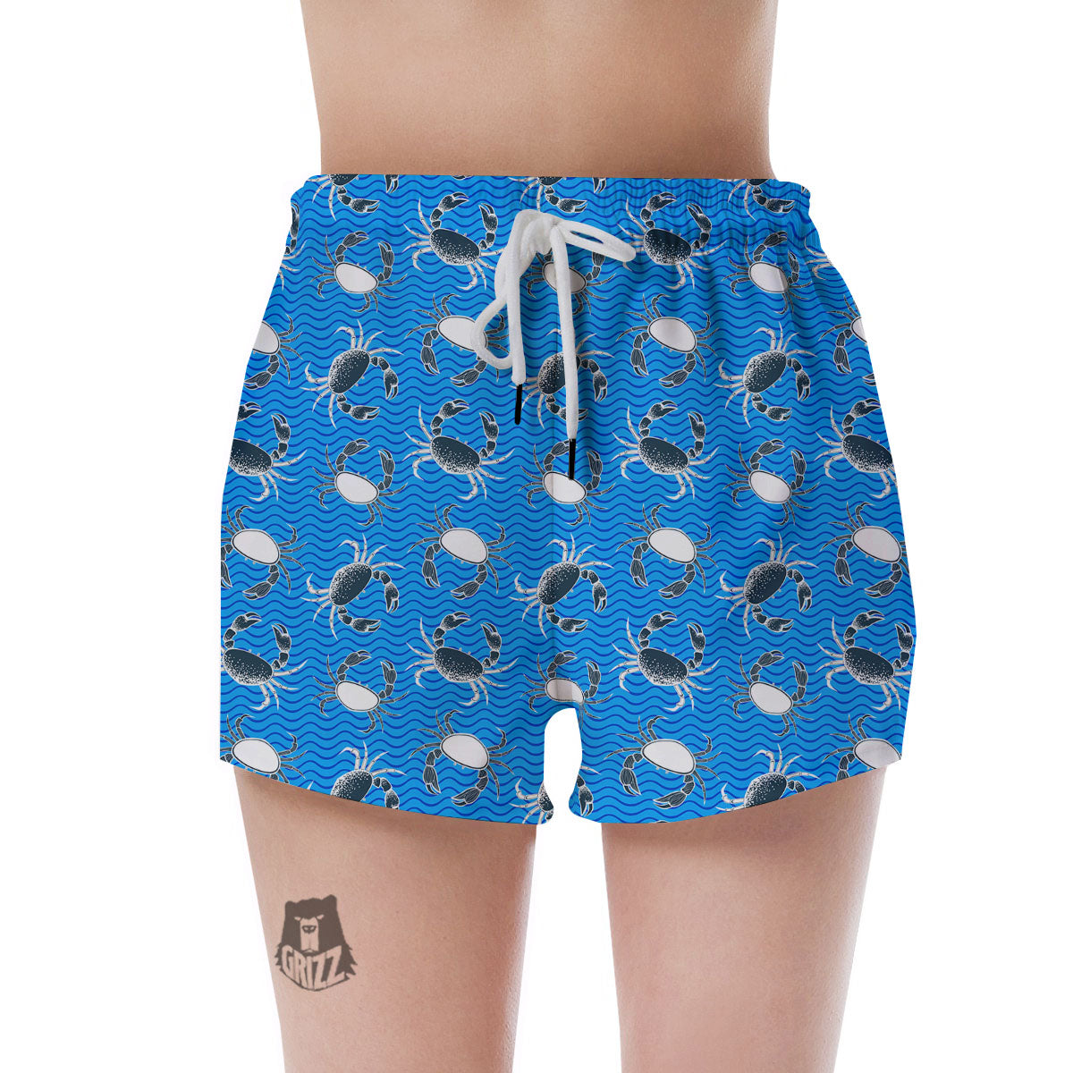 Wave Crab White And Blue Print Pattern Women's Shorts-grizzshop