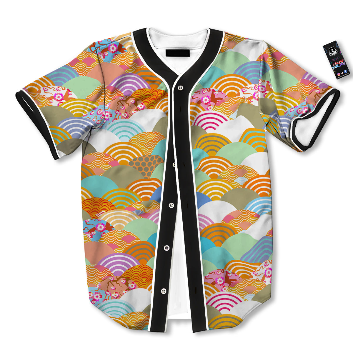 Wave Japanese Flower Colorful Print Pattern Baseball Jersey-grizzshop