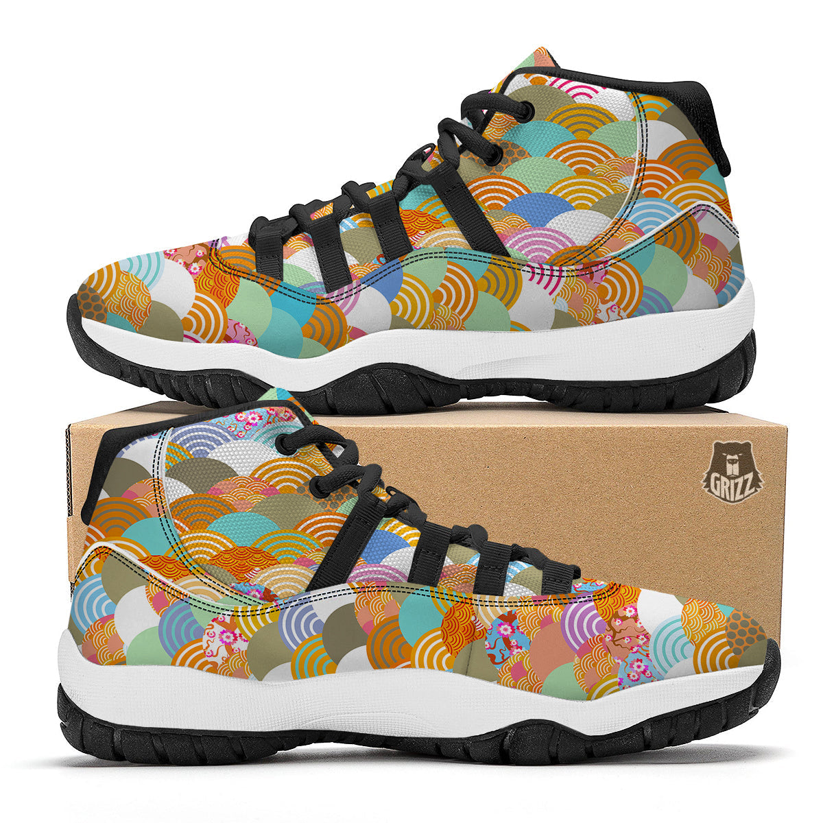 Wave Japanese Flower Colorful Print Pattern Black Bball Shoes-grizzshop