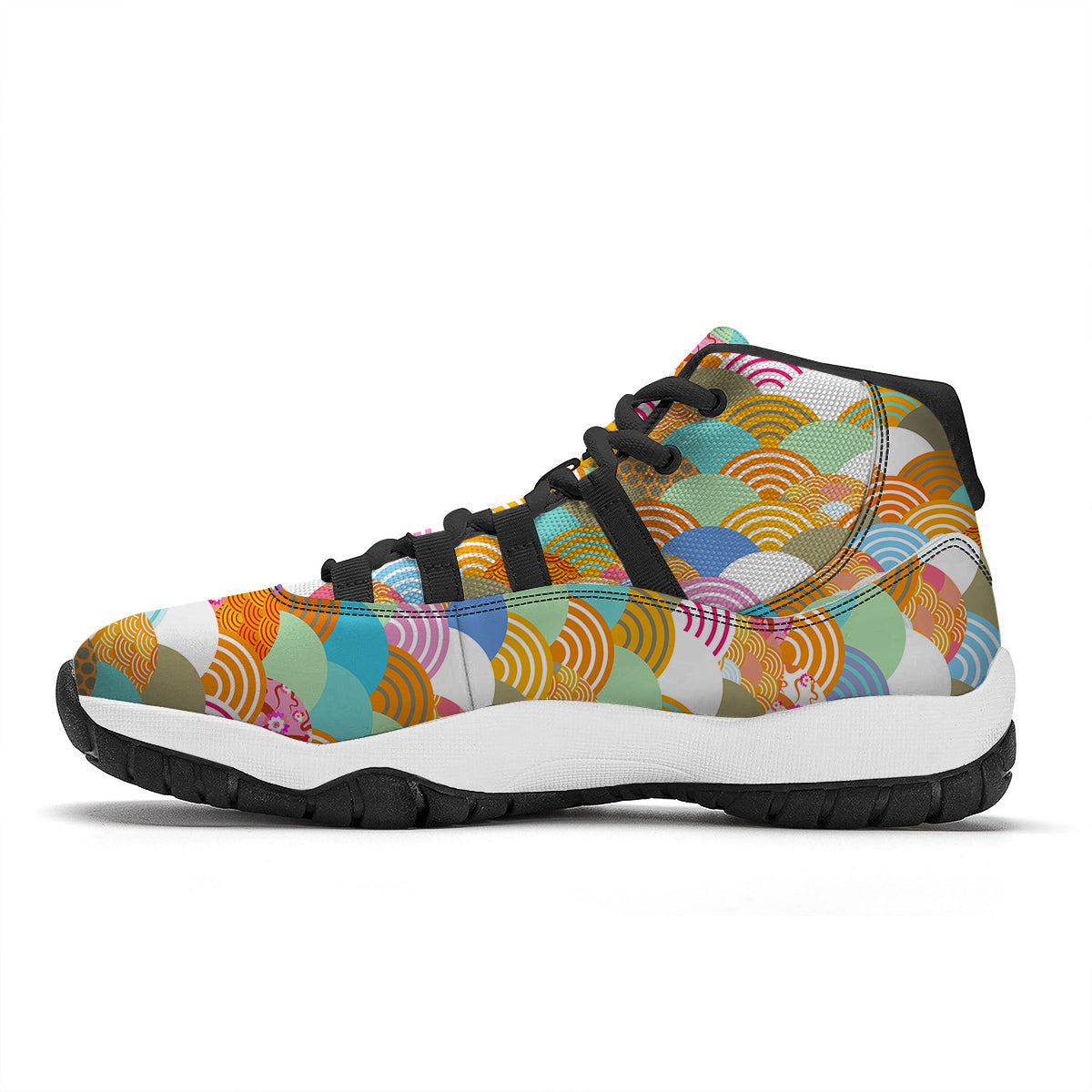 Wave Japanese Flower Colorful Print Pattern Black Bball Shoes-grizzshop