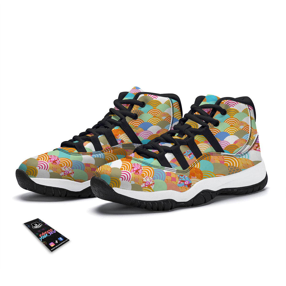 Wave Japanese Flower Colorful Print Pattern Black Bball Shoes-grizzshop
