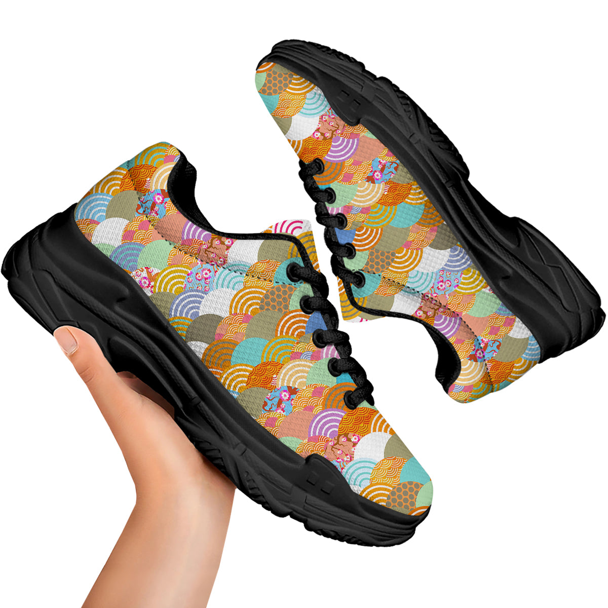 Wave Japanese Flower Colorful Print Pattern Black Chunky Shoes-grizzshop