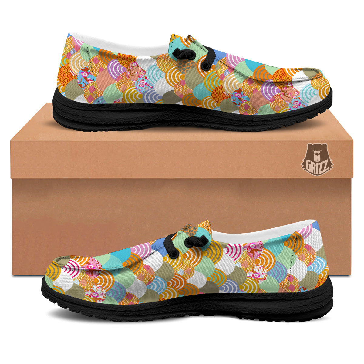Wave Japanese Flower Colorful Print Pattern Black Loafers-grizzshop