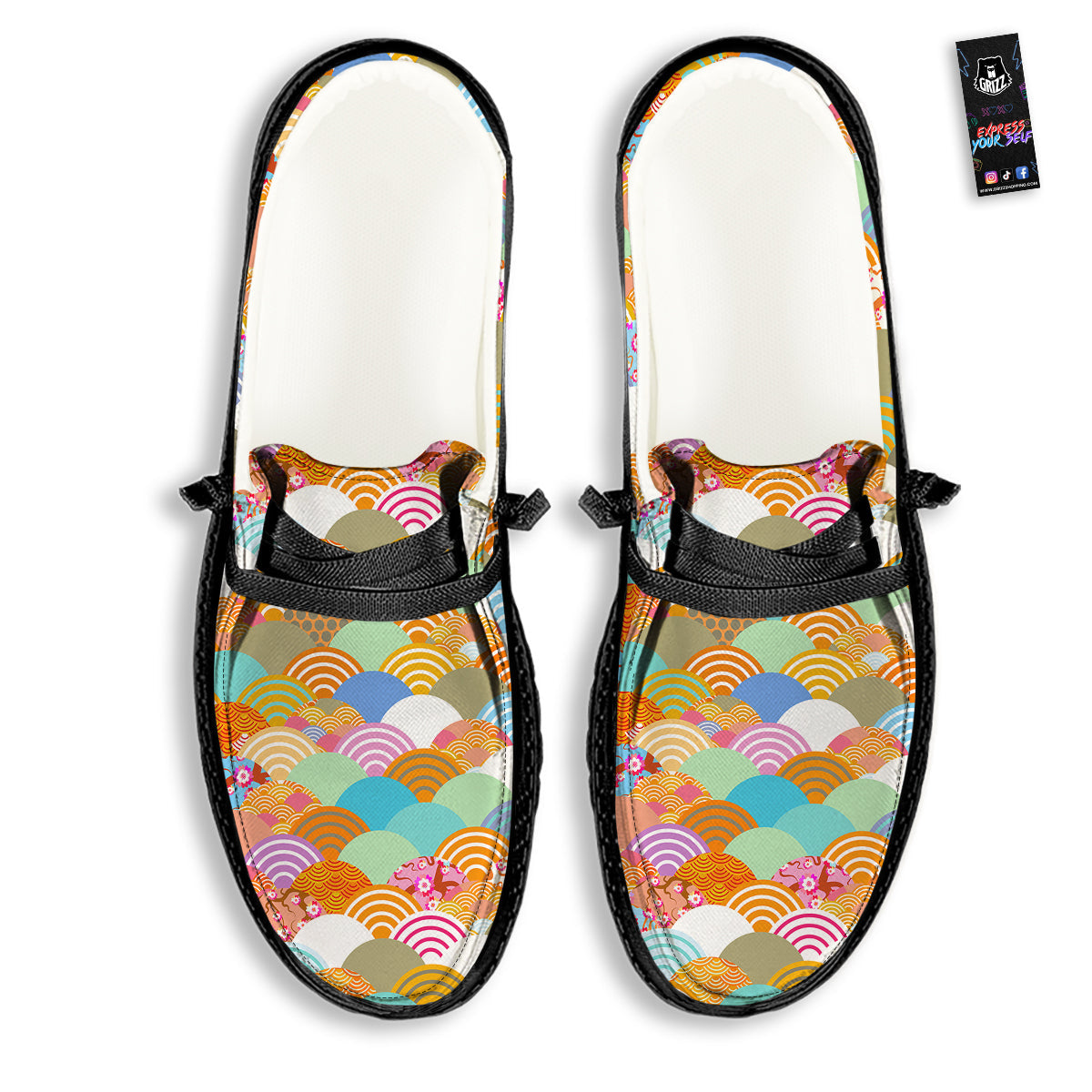 Wave Japanese Flower Colorful Print Pattern Black Loafers-grizzshop