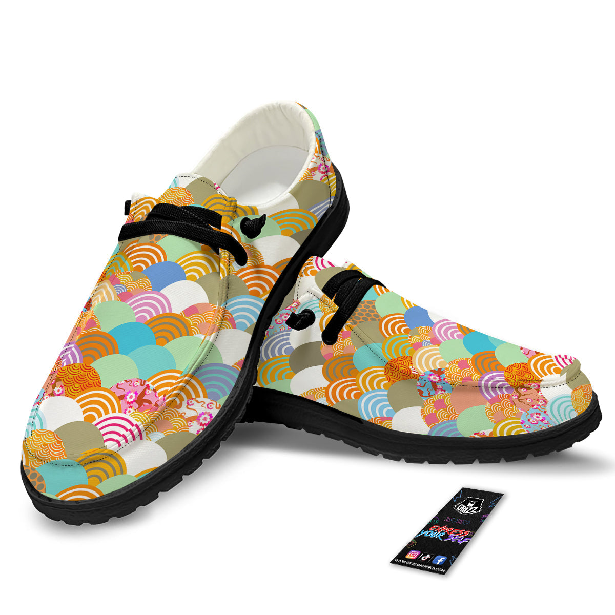 Wave Japanese Flower Colorful Print Pattern Black Loafers-grizzshop