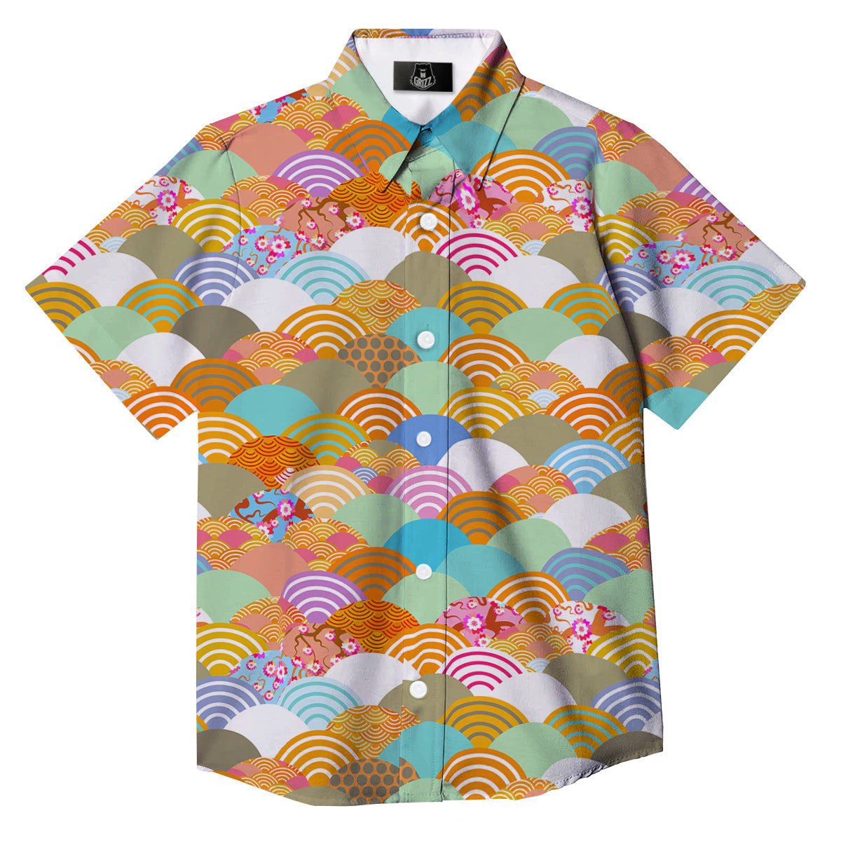 Wave Japanese Flower Colorful Print Pattern Button Up Shirt-grizzshop