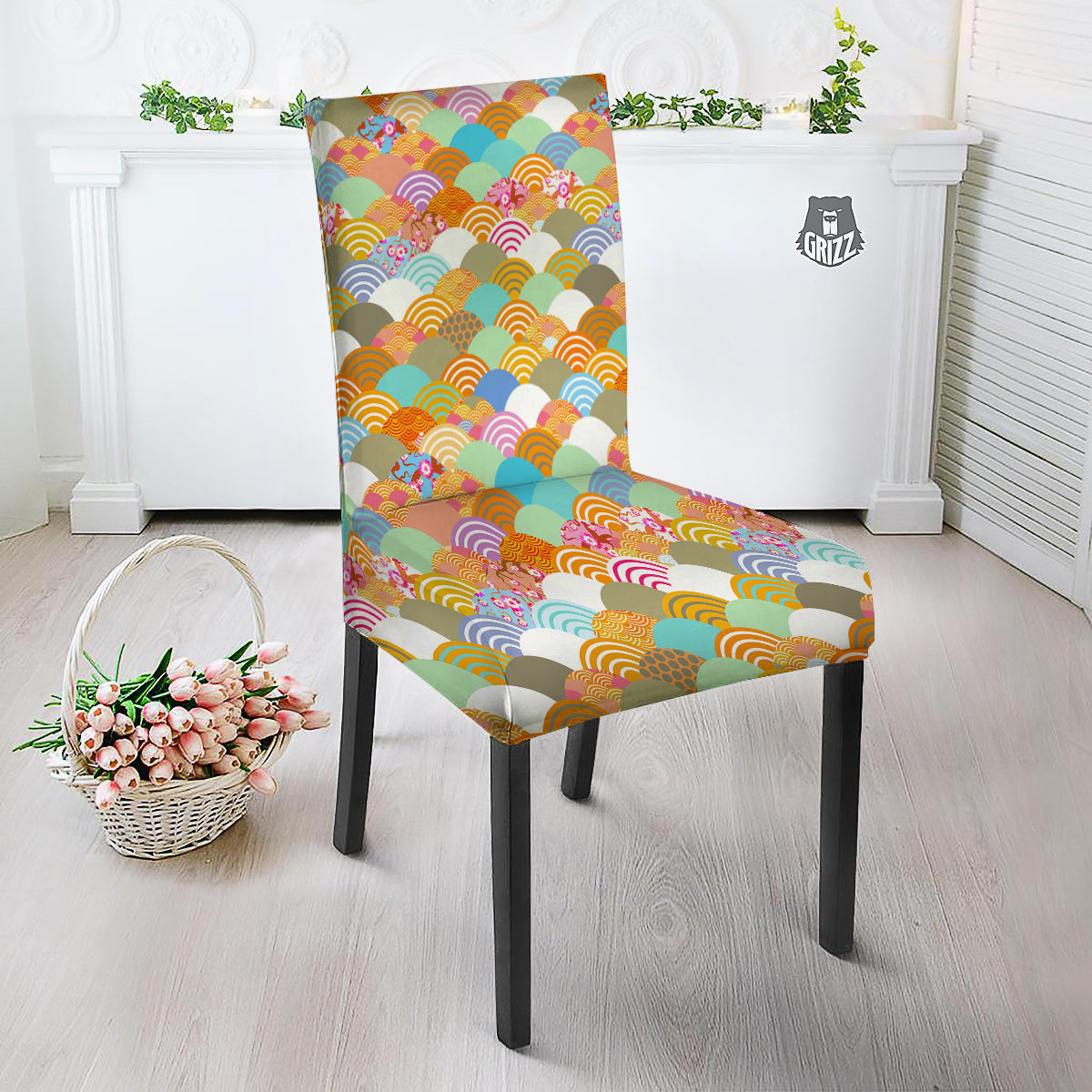 Wave Japanese Flower Colorful Print Pattern Dining Chair Slipcover-grizzshop