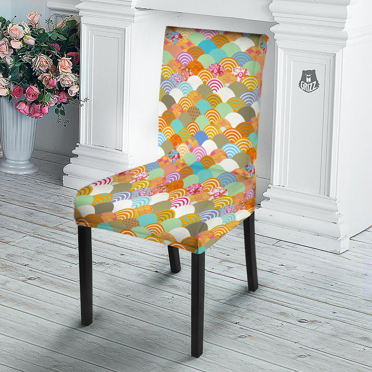 Wave Japanese Flower Colorful Print Pattern Dining Chair Slipcover-grizzshop