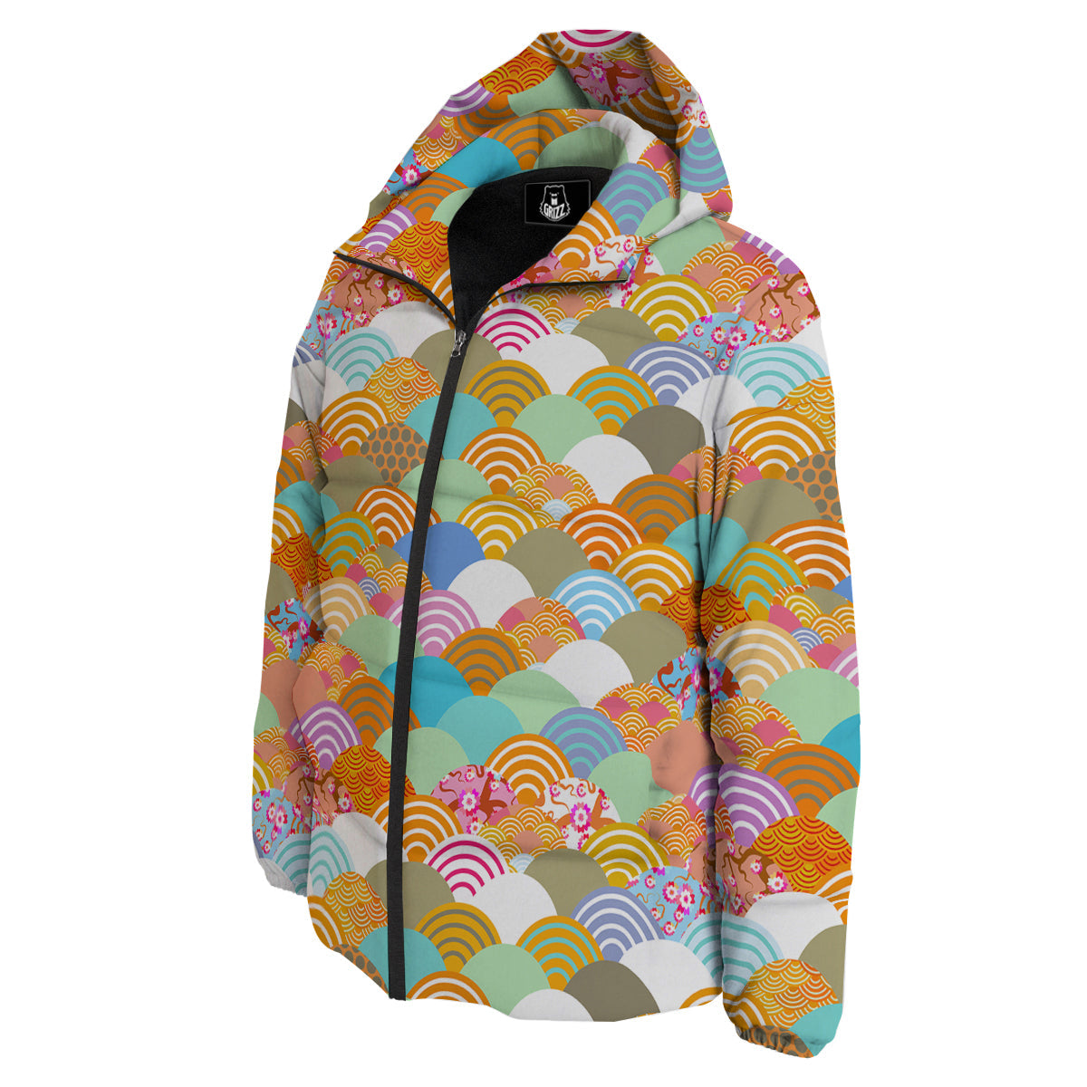 Wave Japanese Flower Colorful Print Pattern Down Jacket-grizzshop