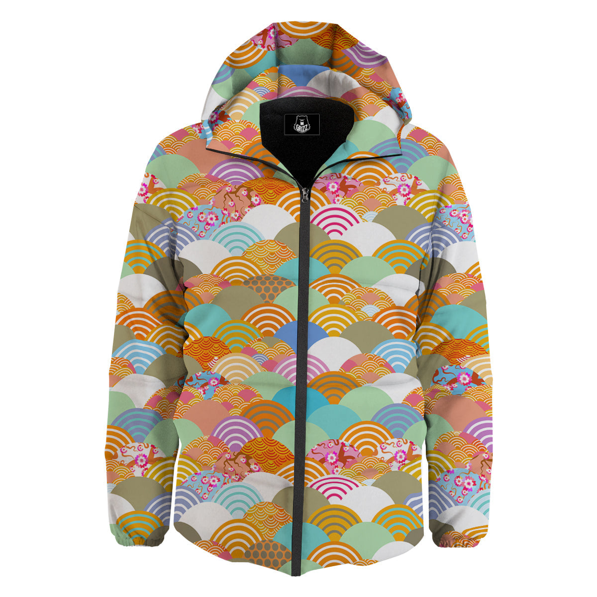 Wave Japanese Flower Colorful Print Pattern Down Jacket-grizzshop
