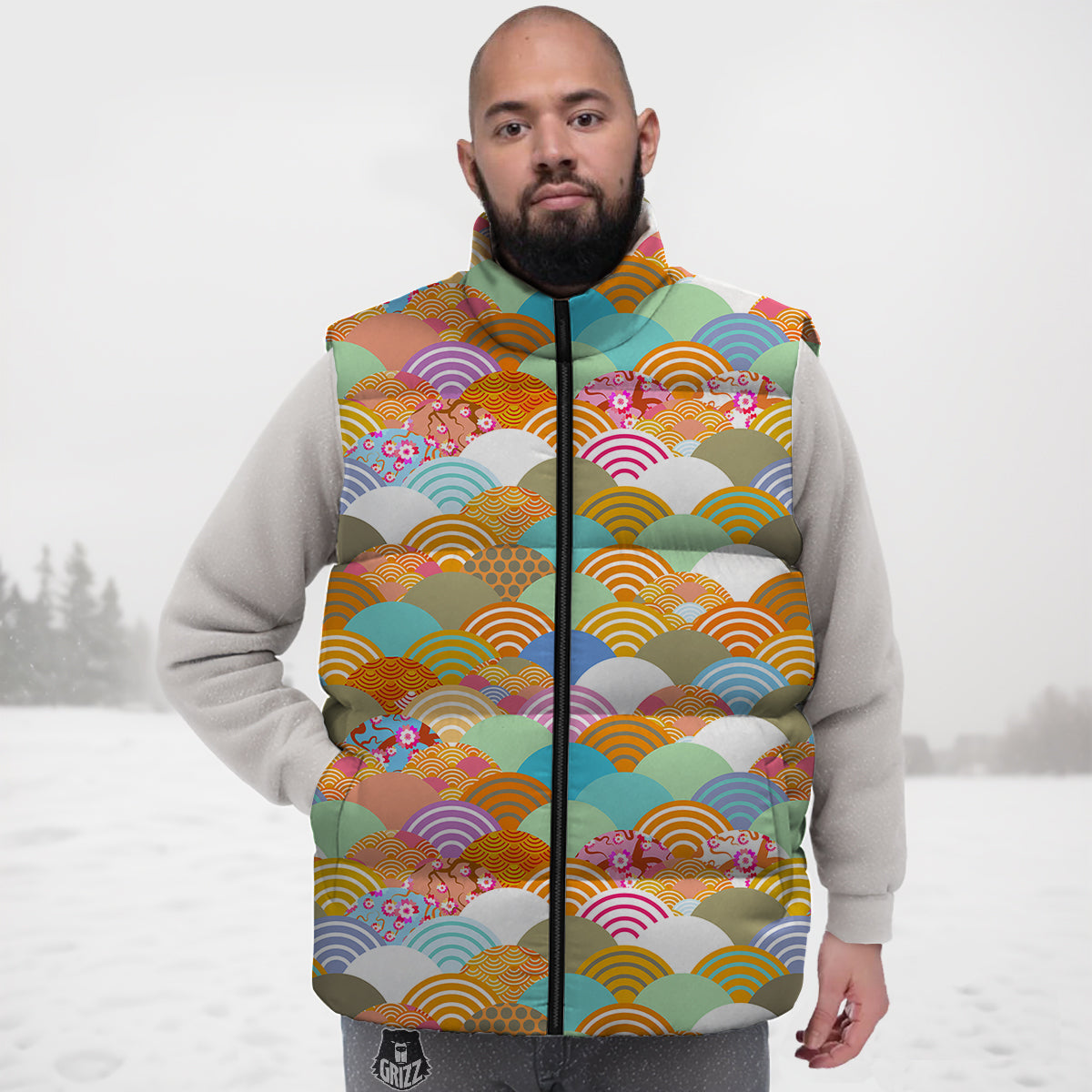 Wave Japanese Flower Colorful Print Pattern Down Vest