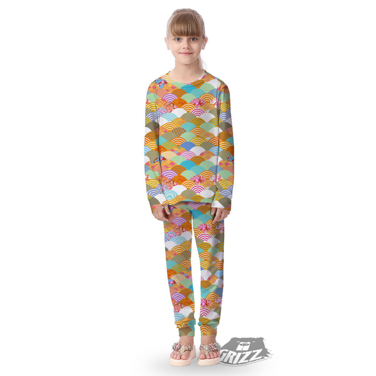 Wave Japanese Flower Colorful Print Pattern Kid's Pajamas-grizzshop