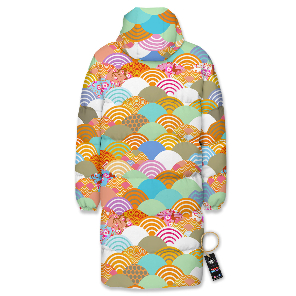 Wave Japanese Flower Colorful Print Pattern Long Down Jacket-grizzshop