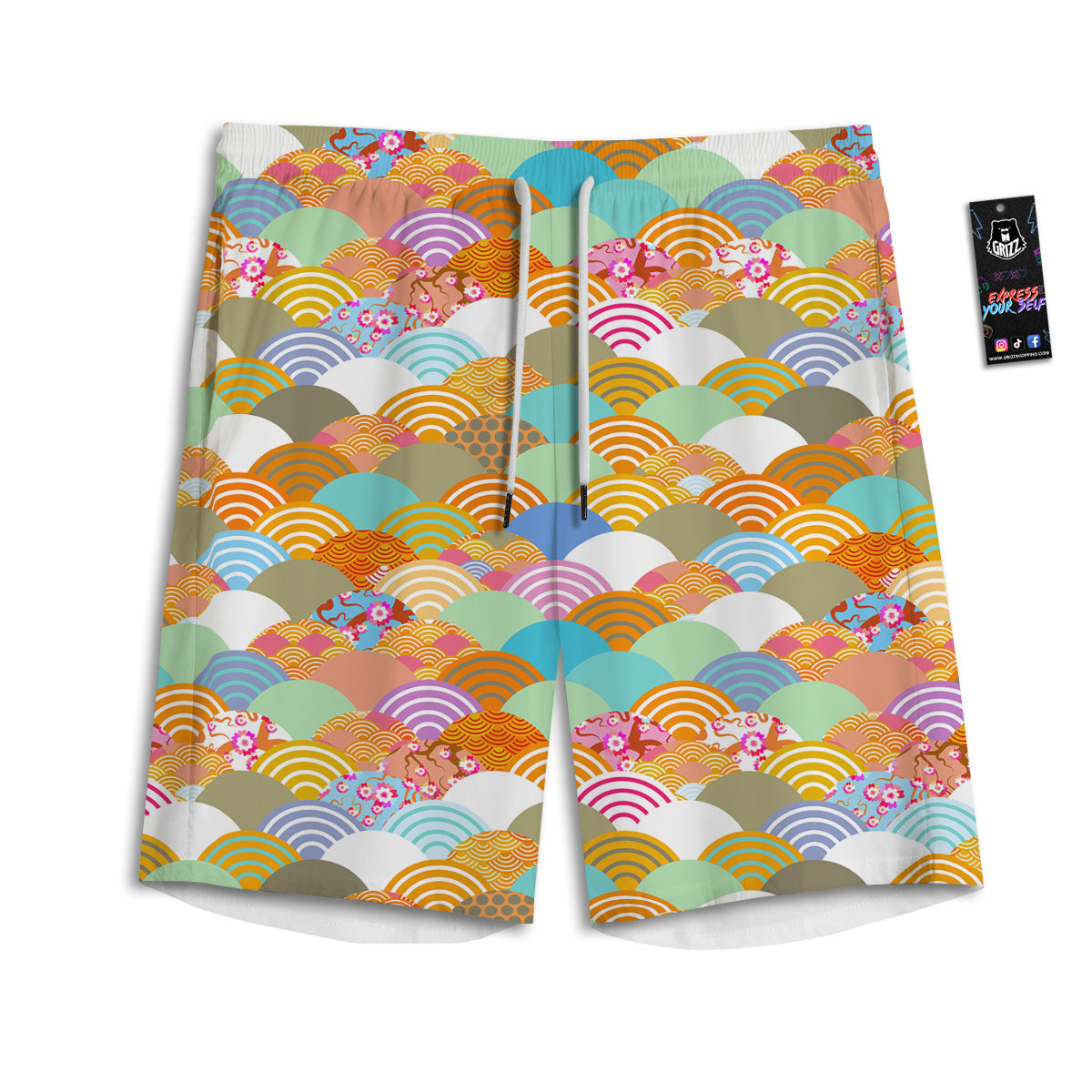 Wave Japanese Flower Colorful Print Pattern Men's Athletic Shorts