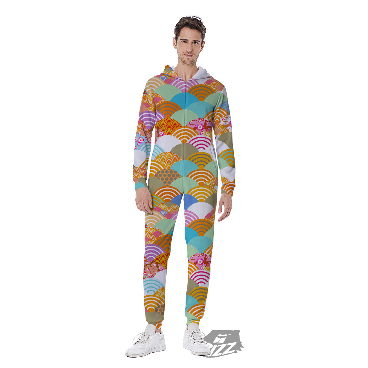 Wave Japanese Flower Colorful Print Pattern Men's Jumpsuit-grizzshop
