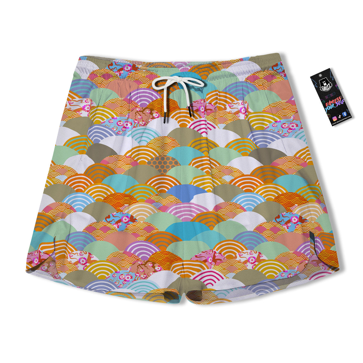 Wave Japanese Flower Colorful Print Pattern Men's Running Shorts-grizzshop