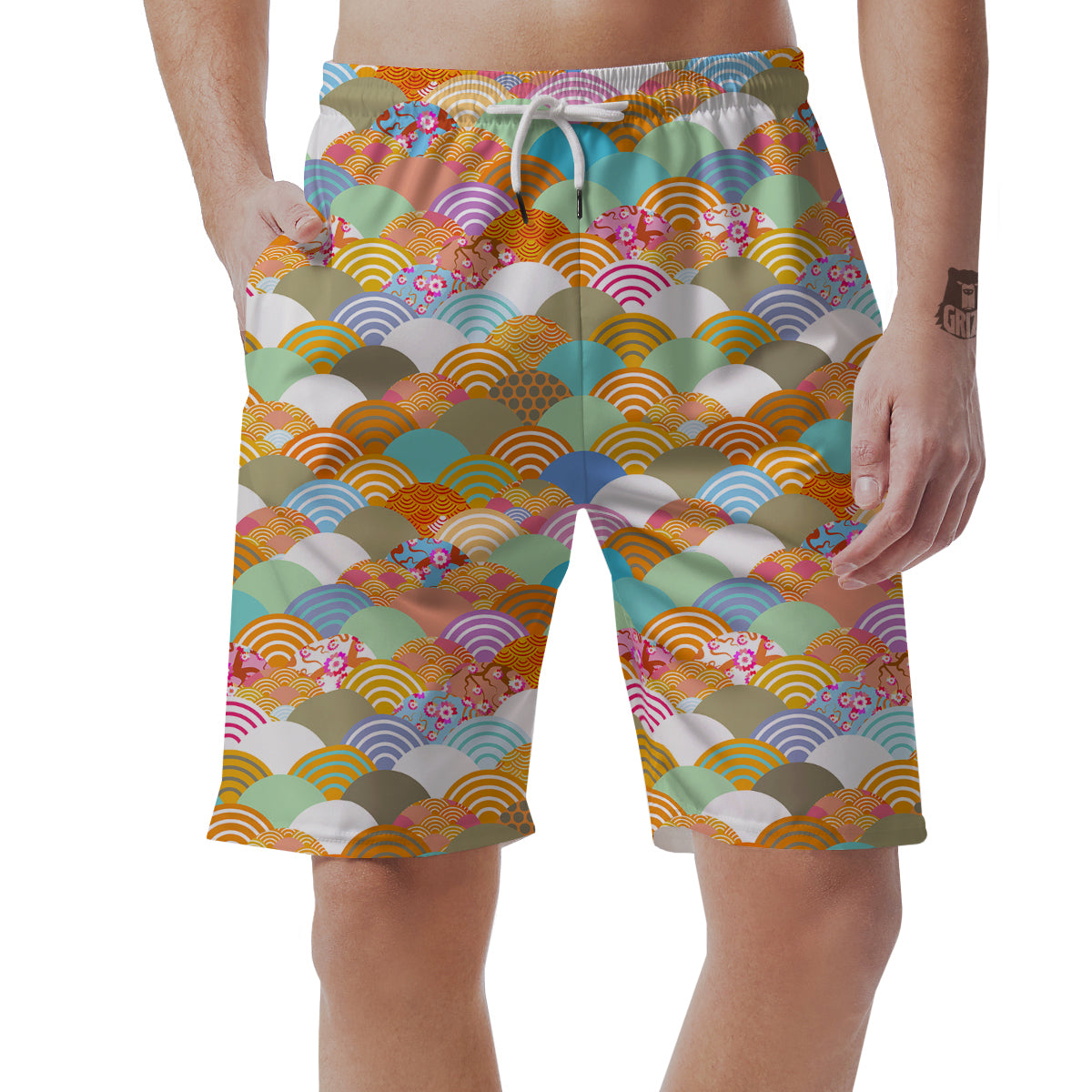 Wave Japanese Flower Colorful Print Pattern Men's Shorts-grizzshop