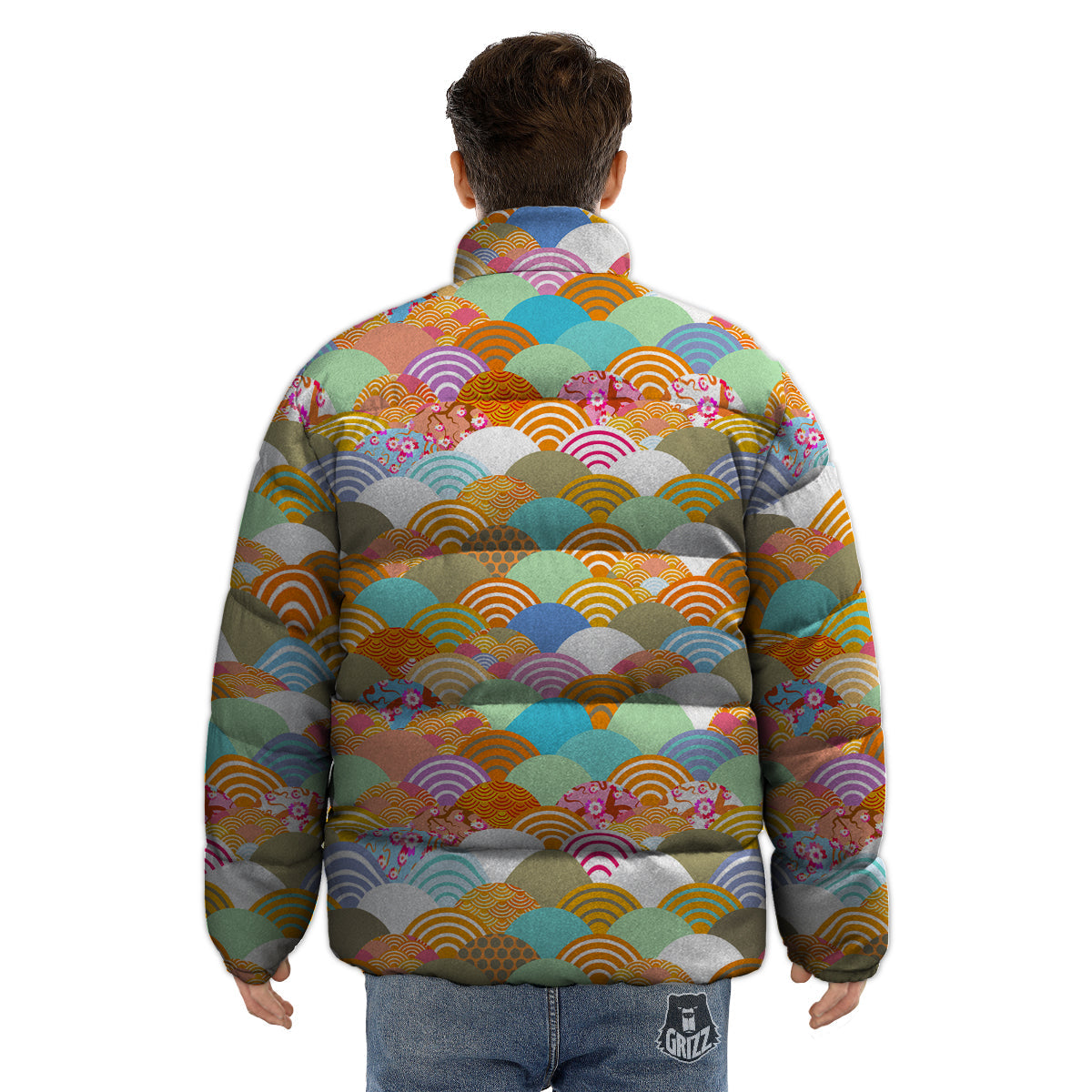 Wave Japanese Flower Colorful Print Pattern Puffer Jacket-grizzshop