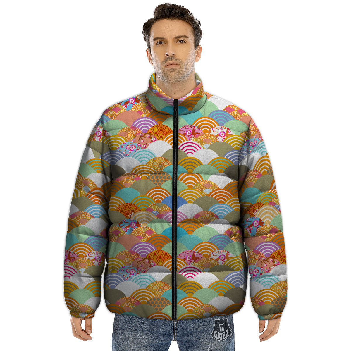 Wave Japanese Flower Colorful Print Pattern Puffer Jacket-grizzshop