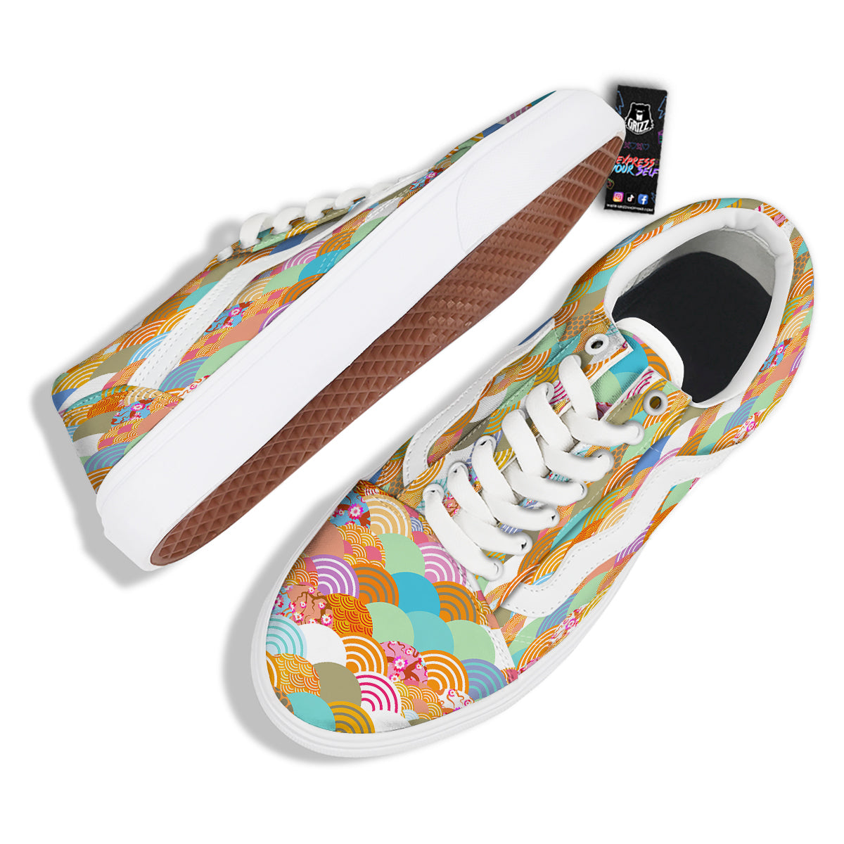 Wave Japanese Flower Colorful Print Pattern Skate Shoes-grizzshop