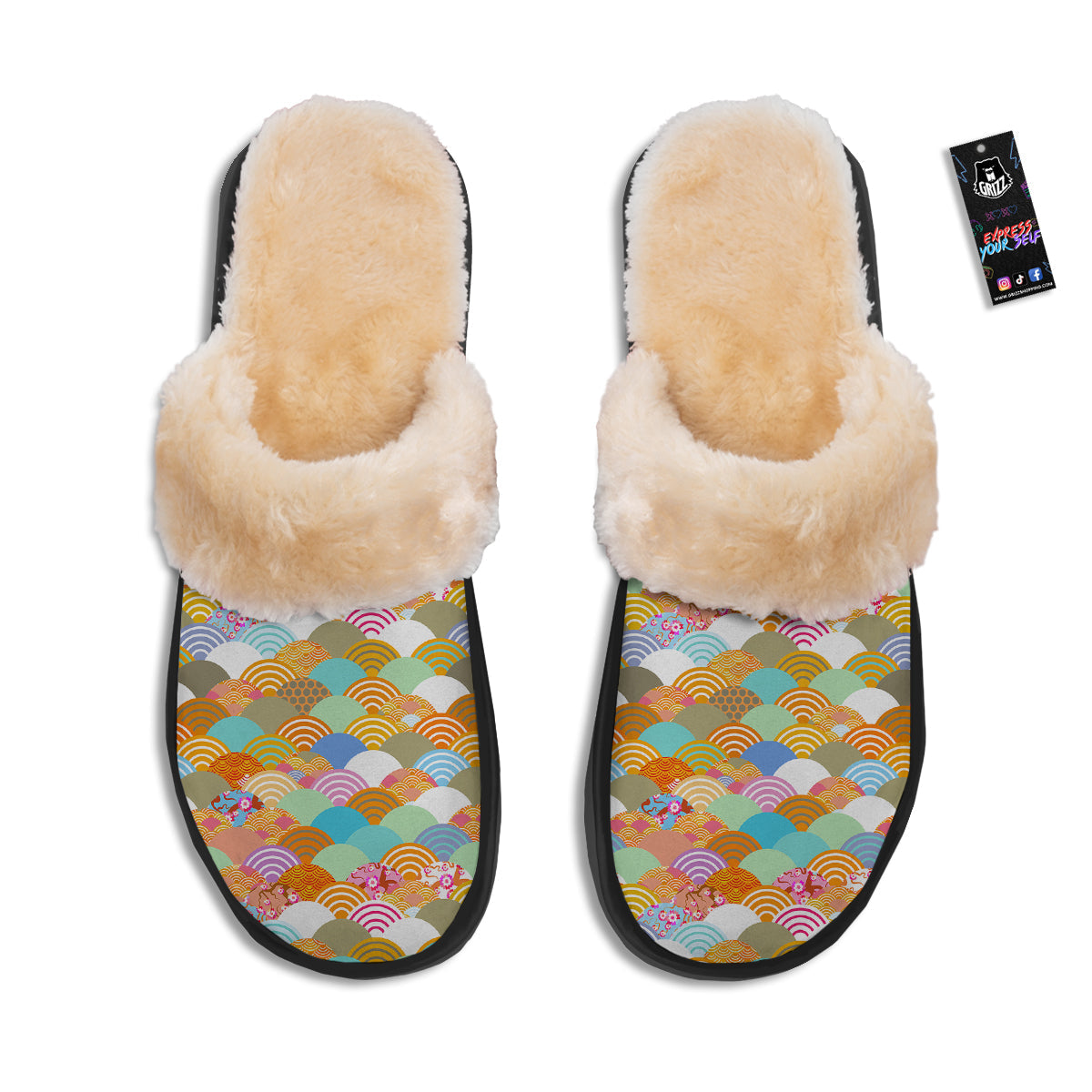 Wave Japanese Flower Colorful Print Pattern Slippers-grizzshop