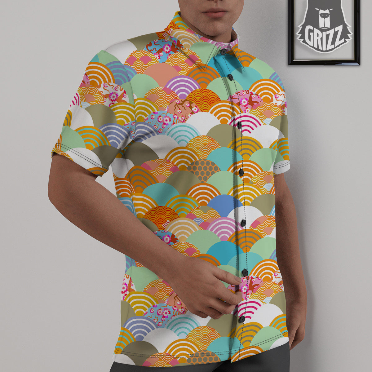 Wave Japanese Flower Colorful Print Pattern Untucked Shirts-grizzshop