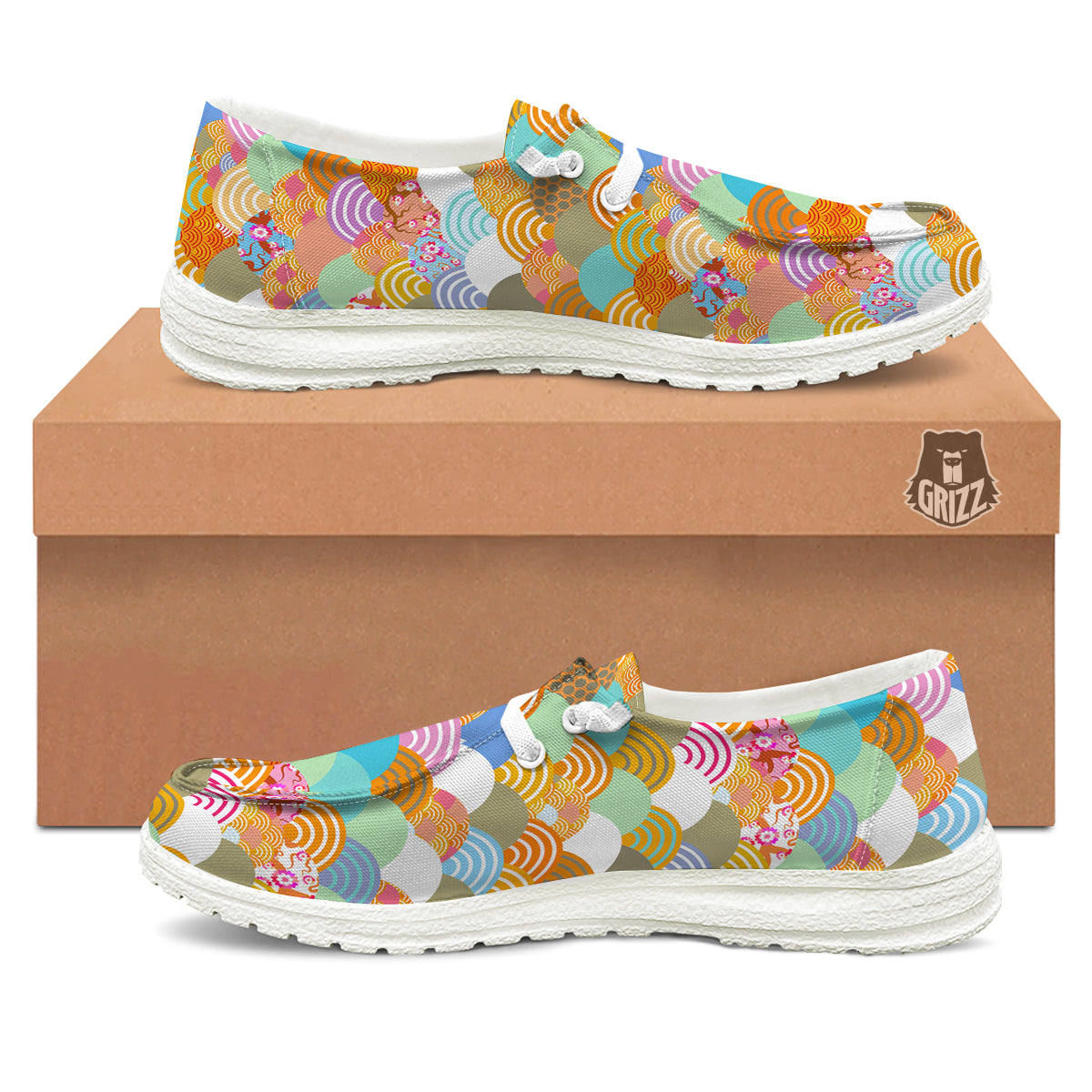 Wave Japanese Flower Colorful Print Pattern White Loafers-grizzshop