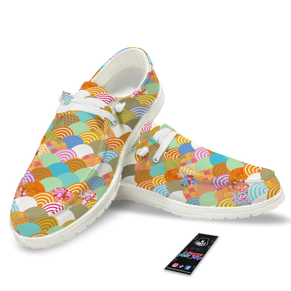 Wave Japanese Flower Colorful Print Pattern White Loafers-grizzshop