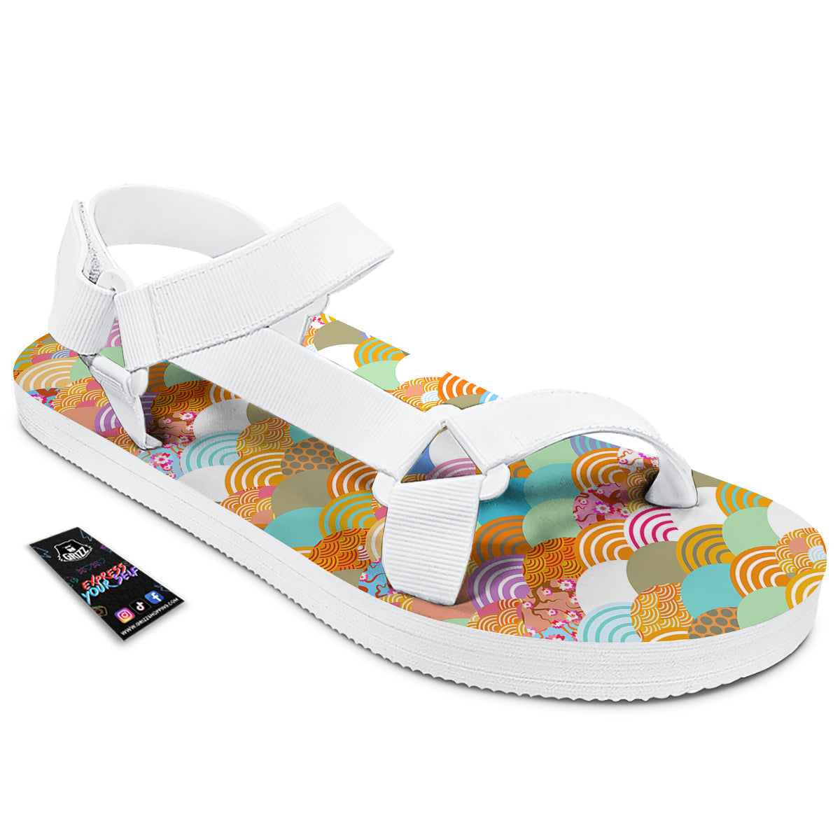 Wave Japanese Flower Colorful Print Pattern White Open Toe Sandals-grizzshop