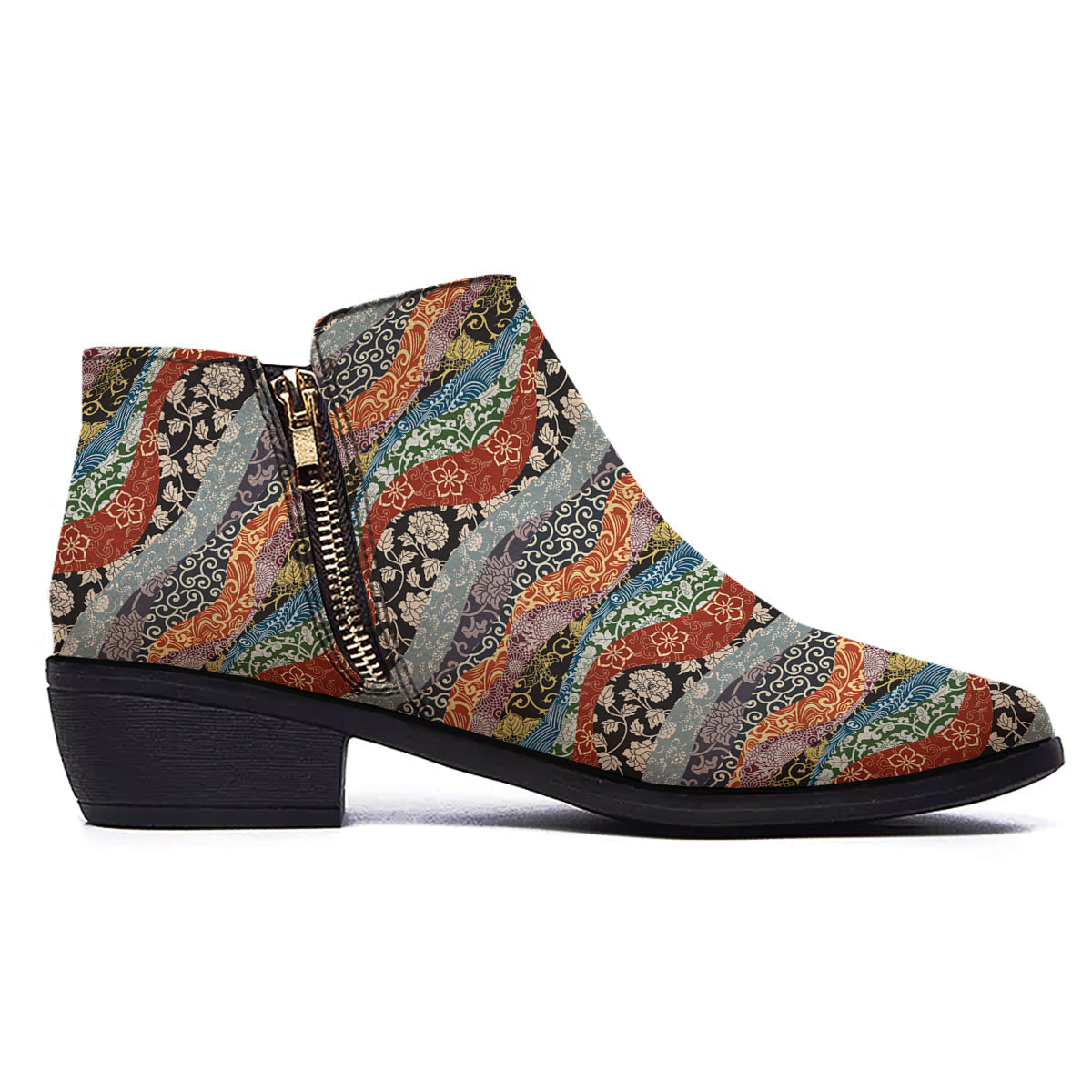 Wave Japanese Patchwork Print Pattern Ankle Boots-grizzshop