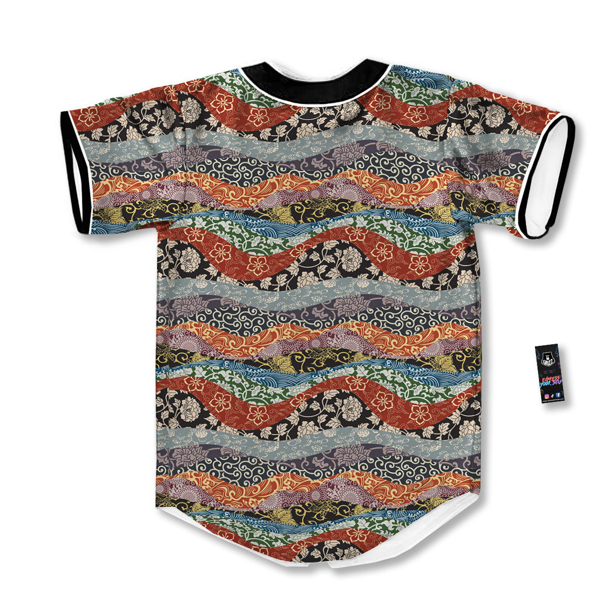 Wave Japanese Patchwork Print Pattern Baseball Jersey-grizzshop