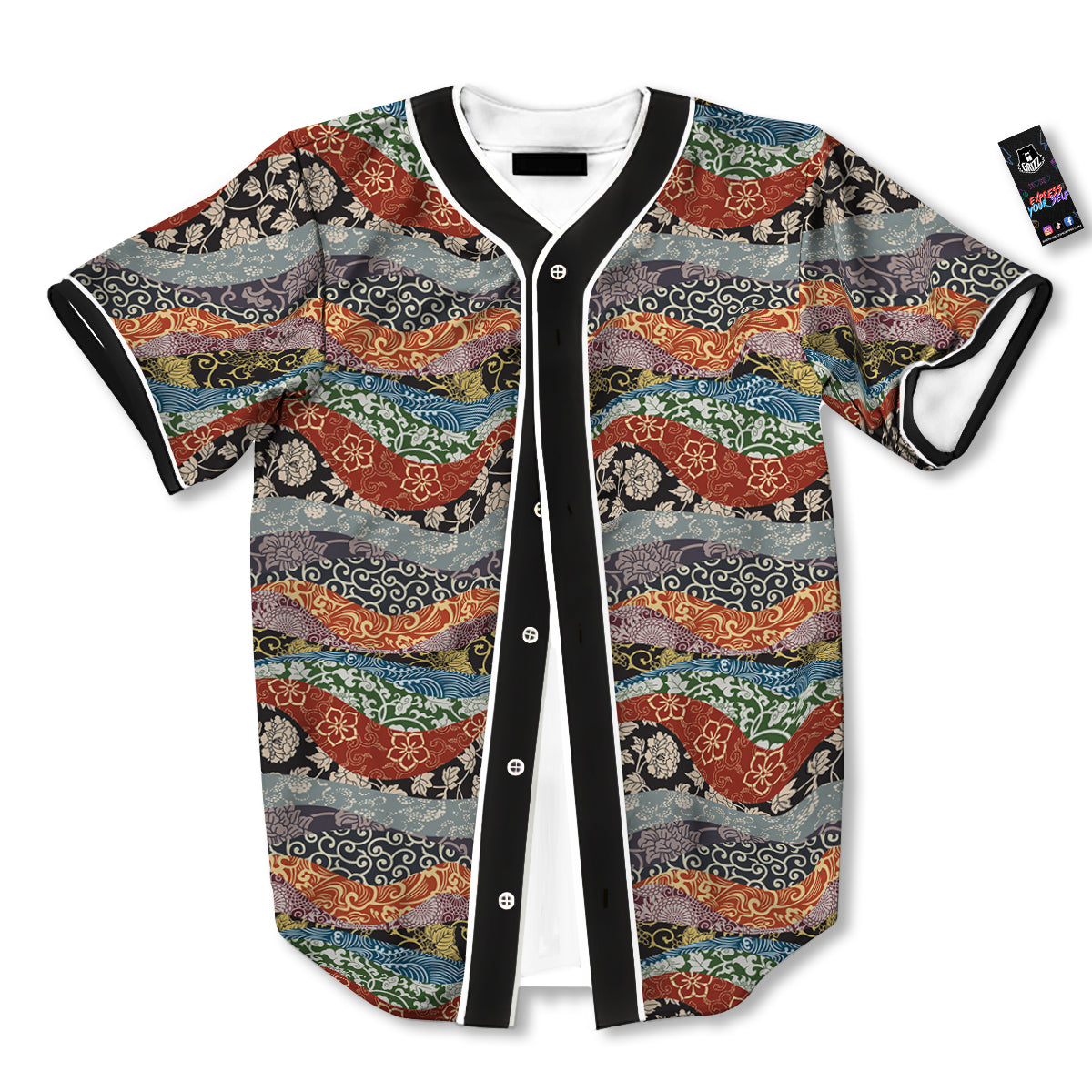 Wave Japanese Patchwork Print Pattern Baseball Jersey-grizzshop