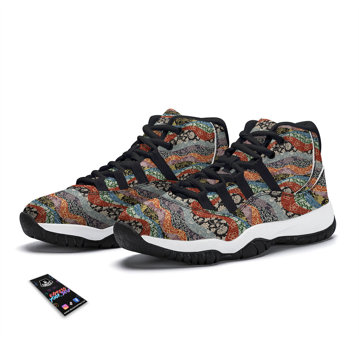 Wave Japanese Patchwork Print Pattern Black Bball Shoes-grizzshop
