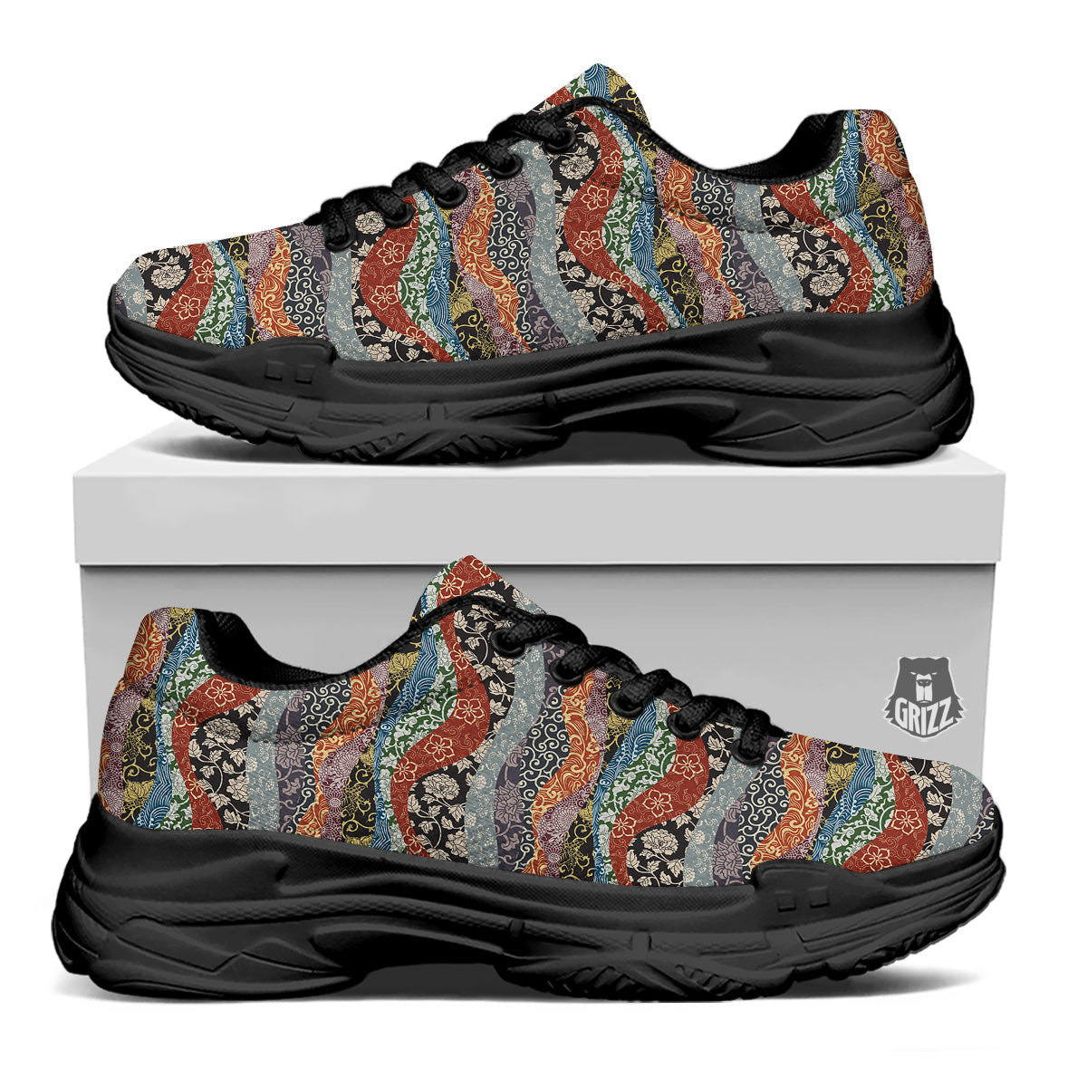 Wave Japanese Patchwork Print Pattern Black Chunky Shoes-grizzshop