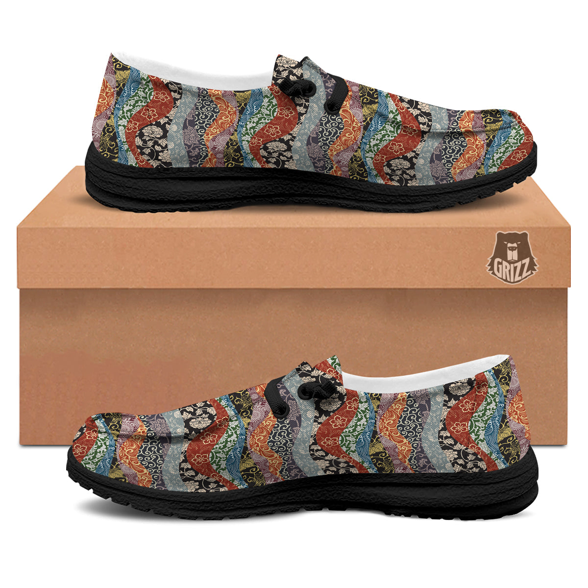 Wave Japanese Patchwork Print Pattern Black Loafers-grizzshop