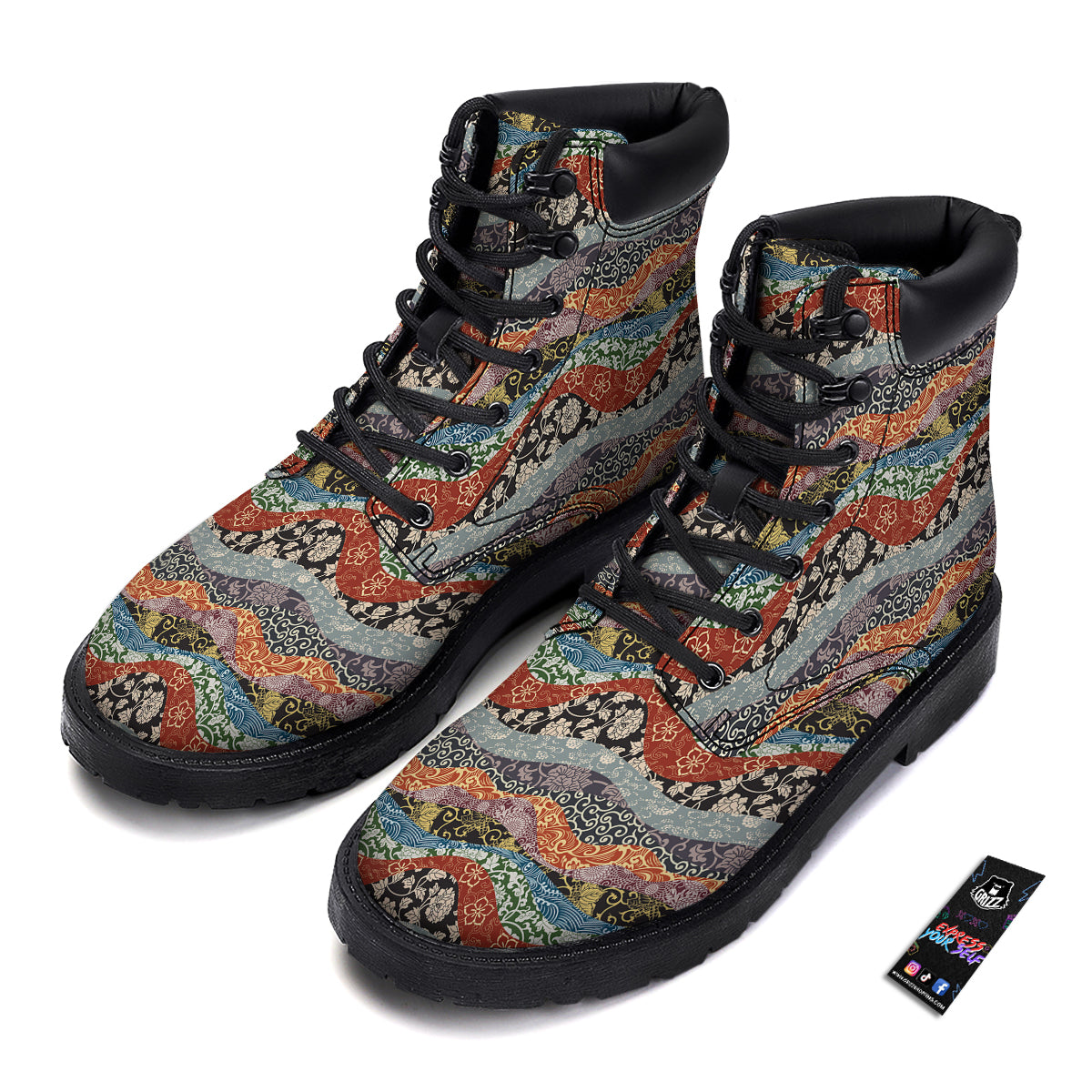 Wave Japanese Patchwork Print Pattern Boots-grizzshop