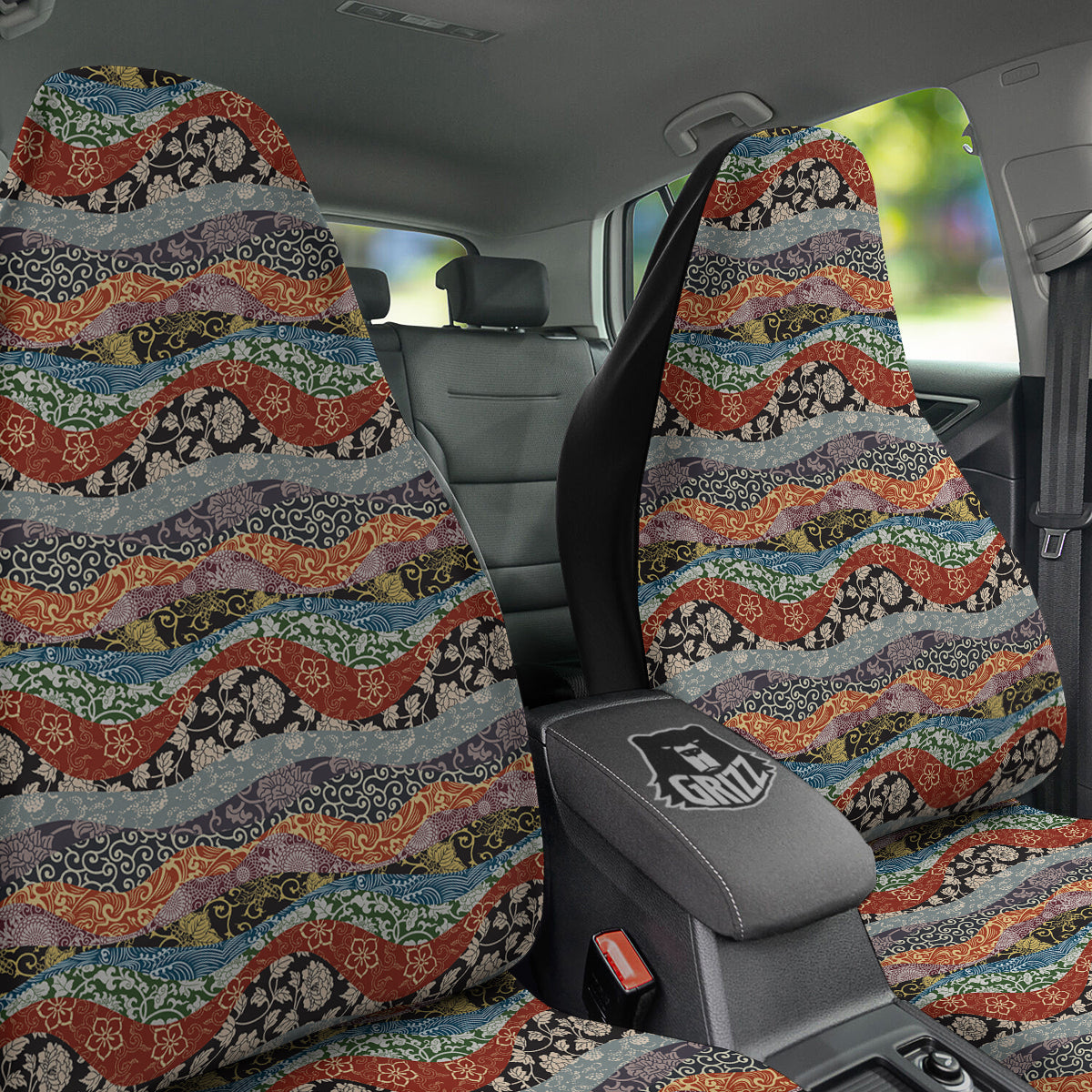 Wave Japanese Patchwork Print Pattern Car Seat Covers-grizzshop