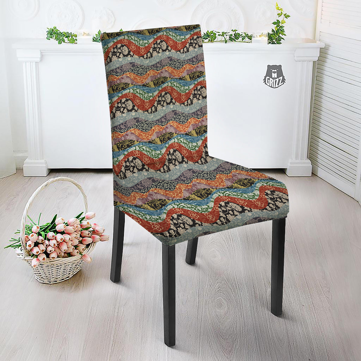 Wave Japanese Patchwork Print Pattern Dining Chair Slipcover-grizzshop