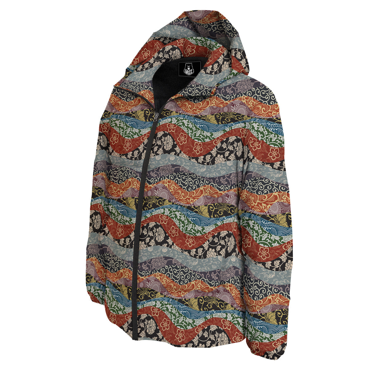 Wave Japanese Patchwork Print Pattern Down Jacket-grizzshop