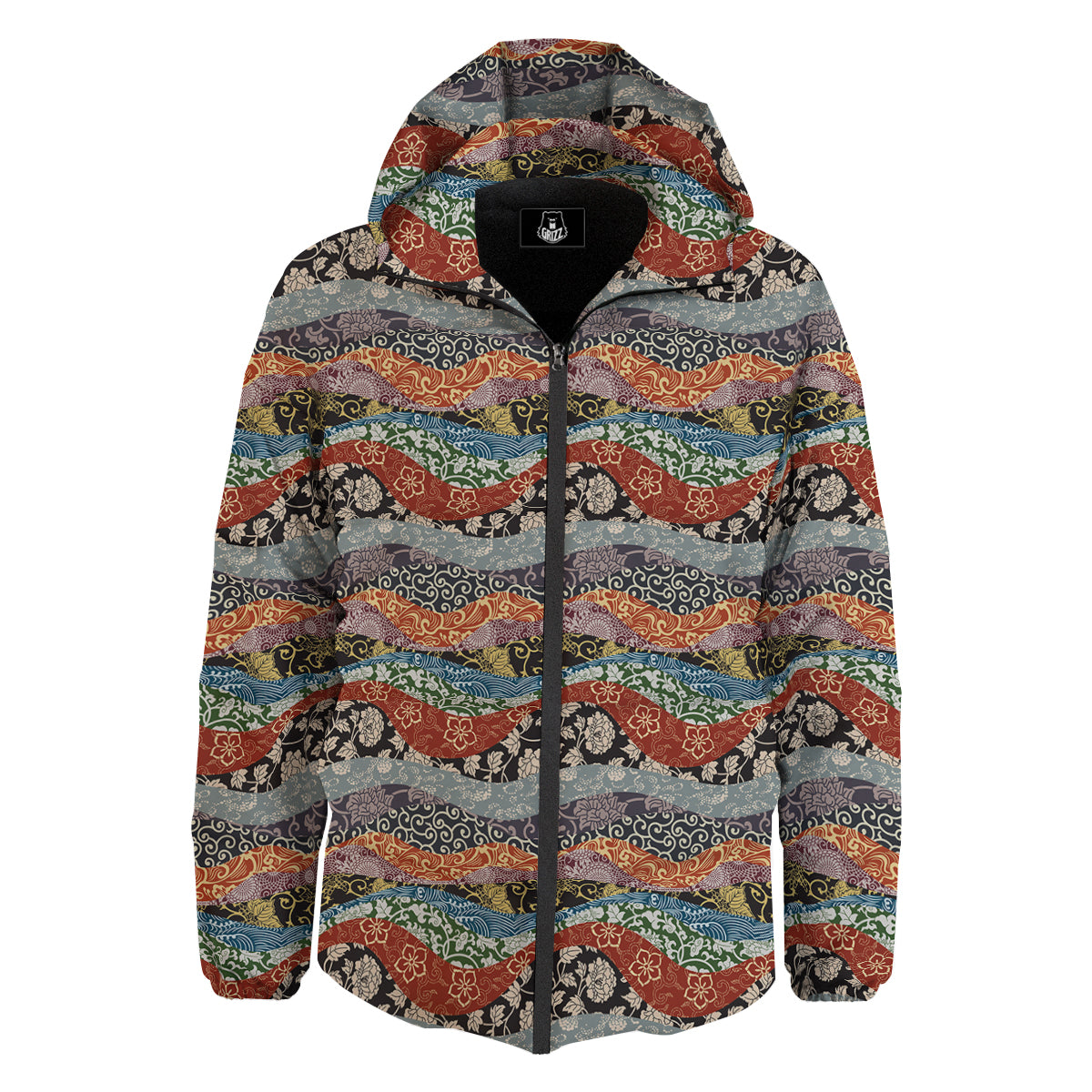 Wave Japanese Patchwork Print Pattern Down Jacket-grizzshop