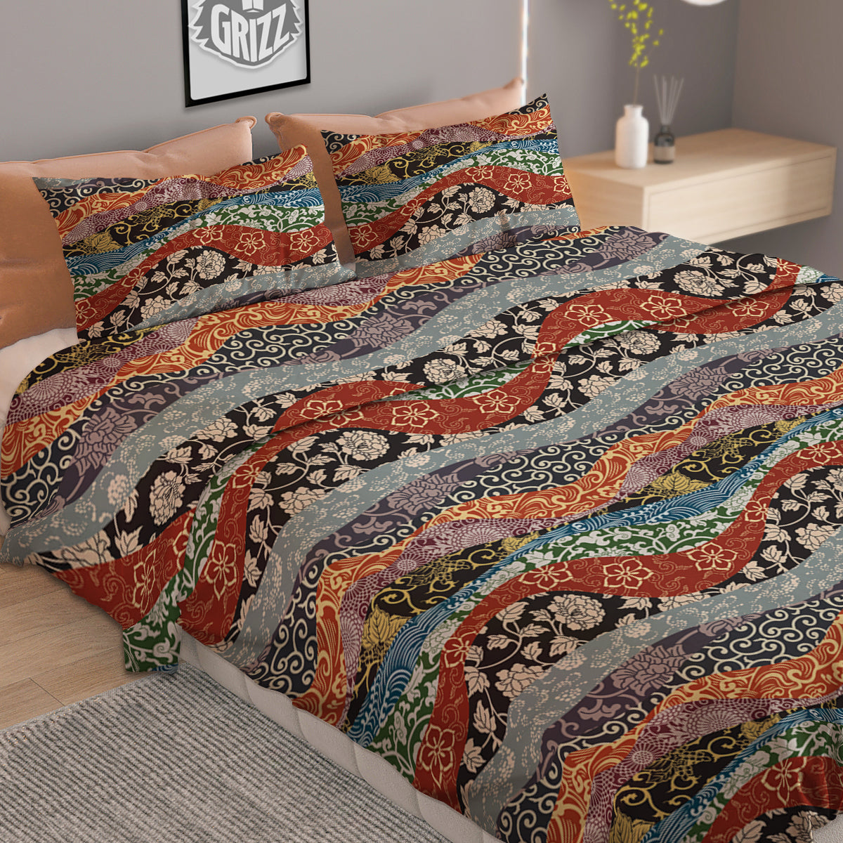 Wave Japanese Patchwork Print Pattern Duvet Cover Bedding Set
