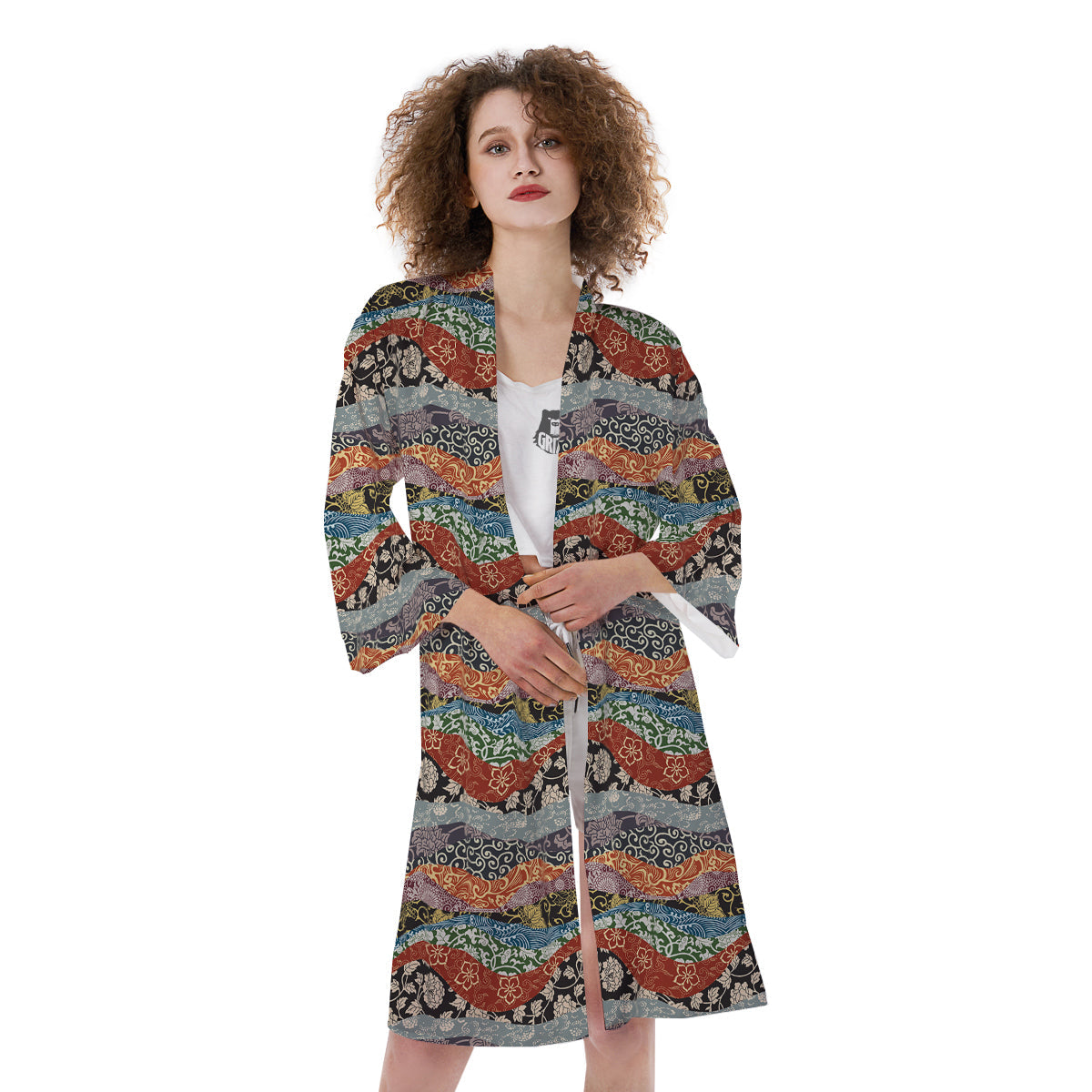 Wave Japanese Patchwork Print Pattern Kimono-grizzshop