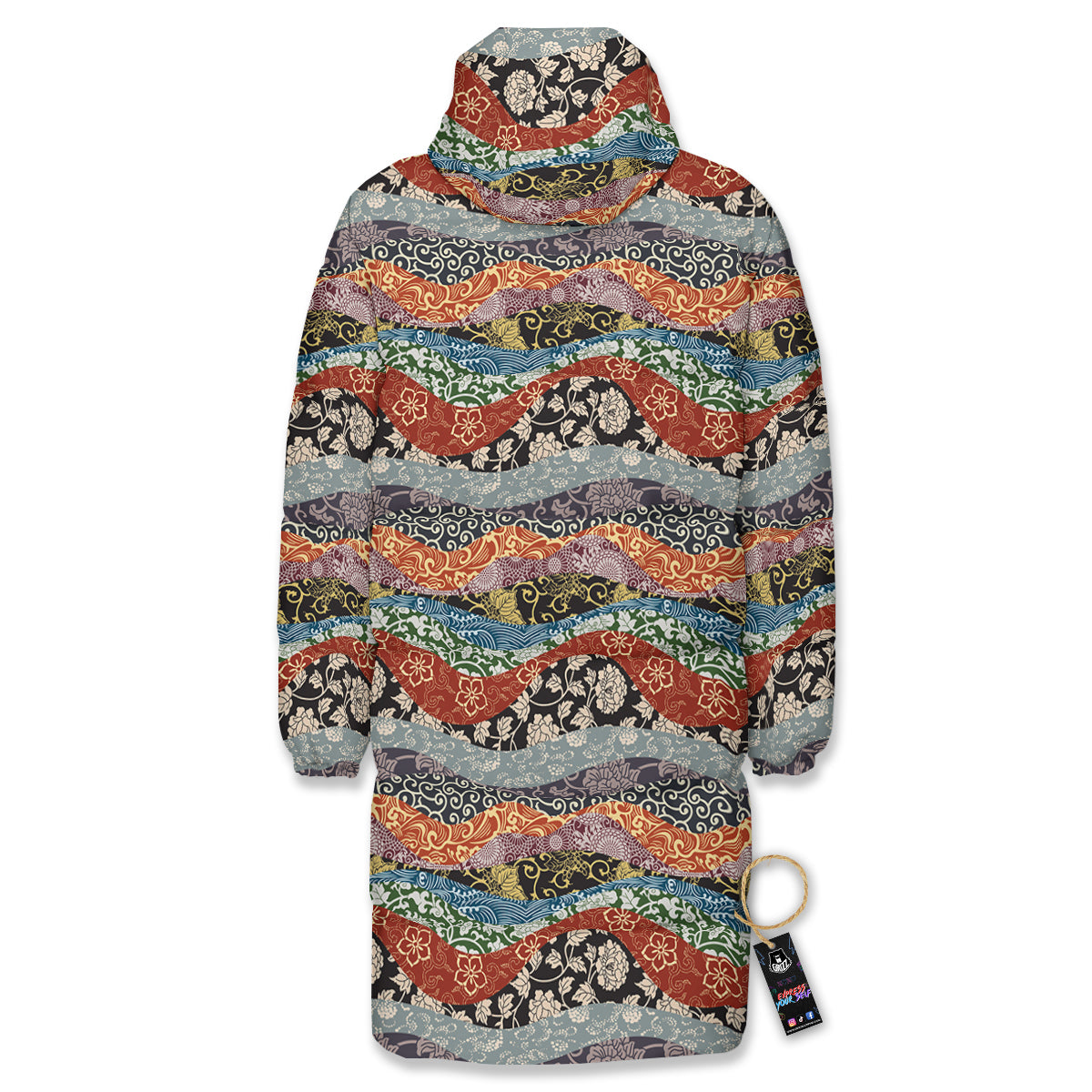 Wave Japanese Patchwork Print Pattern Long Down Jacket-grizzshop