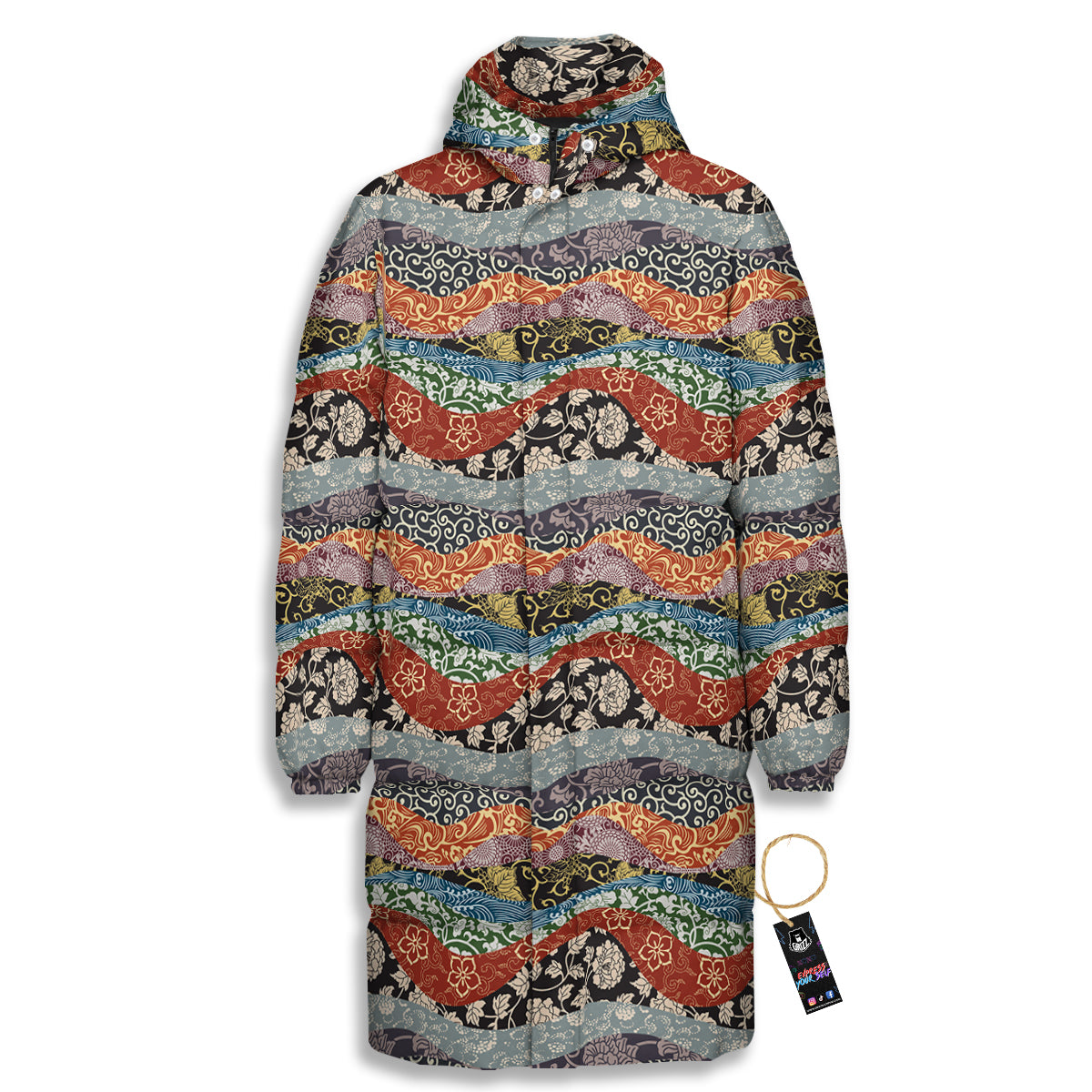 Wave Japanese Patchwork Print Pattern Long Down Jacket-grizzshop