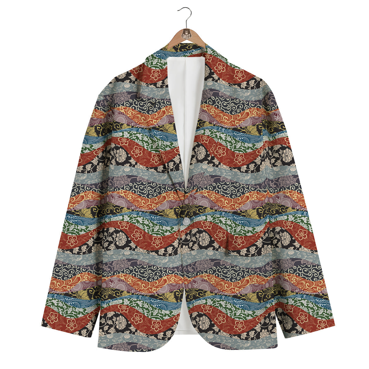 Wave Japanese Patchwork Print Pattern Men's Blazer-grizzshop