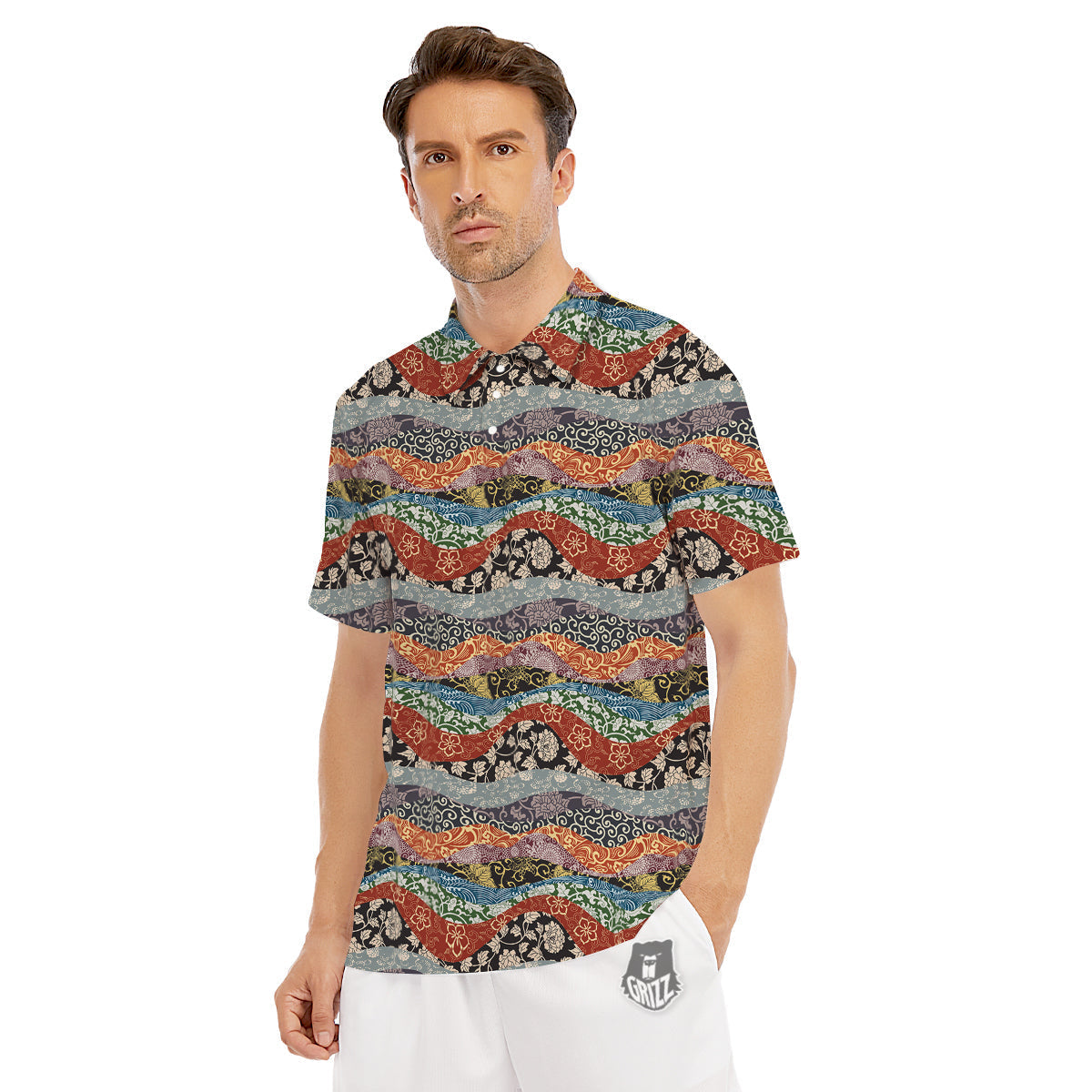 Wave Japanese Patchwork Print Pattern Men's Golf Shirts-grizzshop