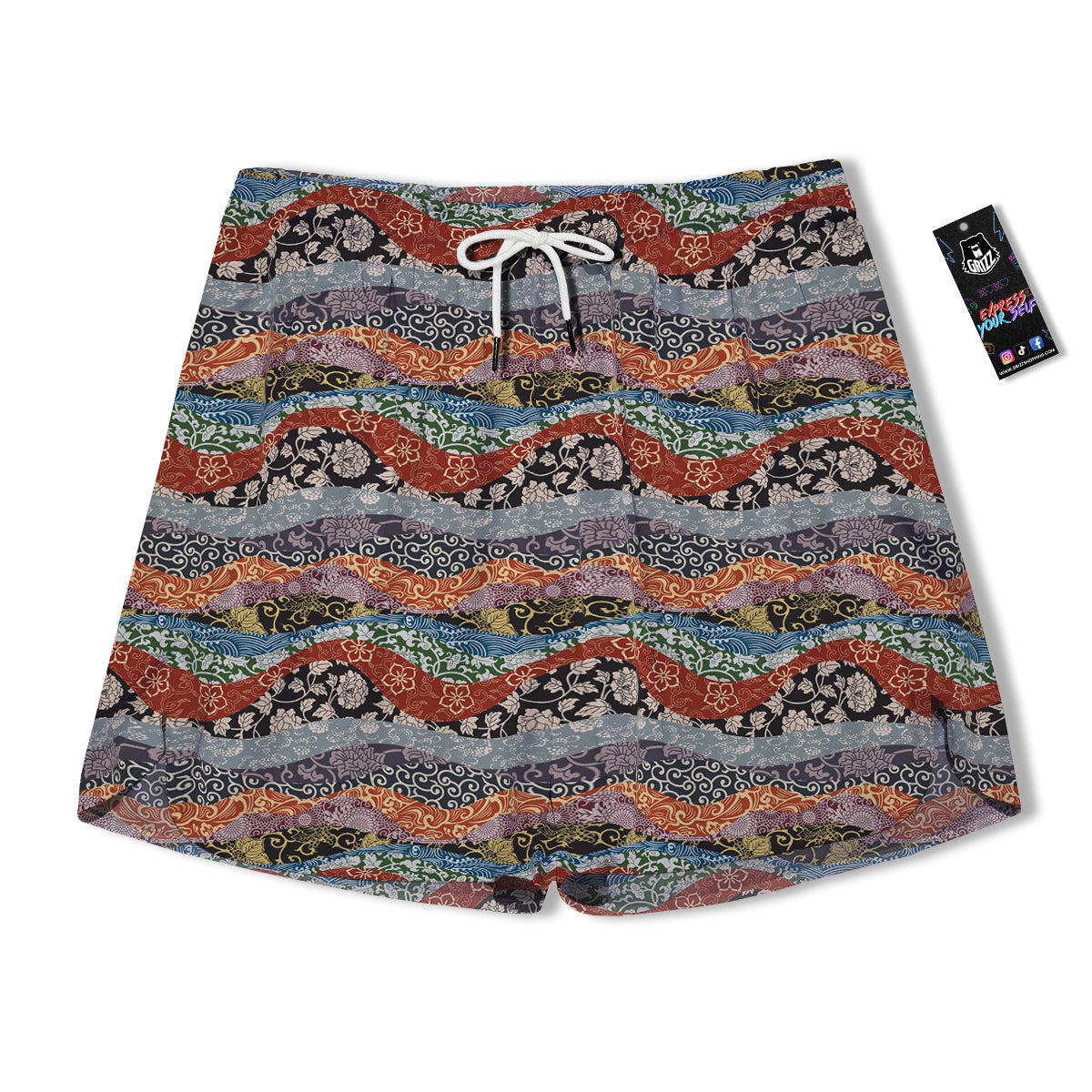 Wave Japanese Patchwork Print Pattern Men's Running Shorts-grizzshop