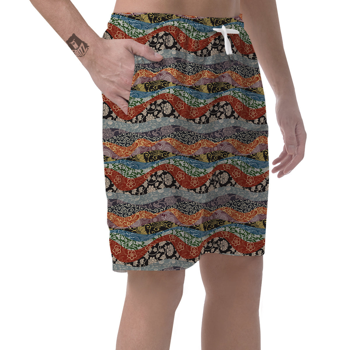 Wave Japanese Patchwork Print Pattern Men's Shorts-grizzshop