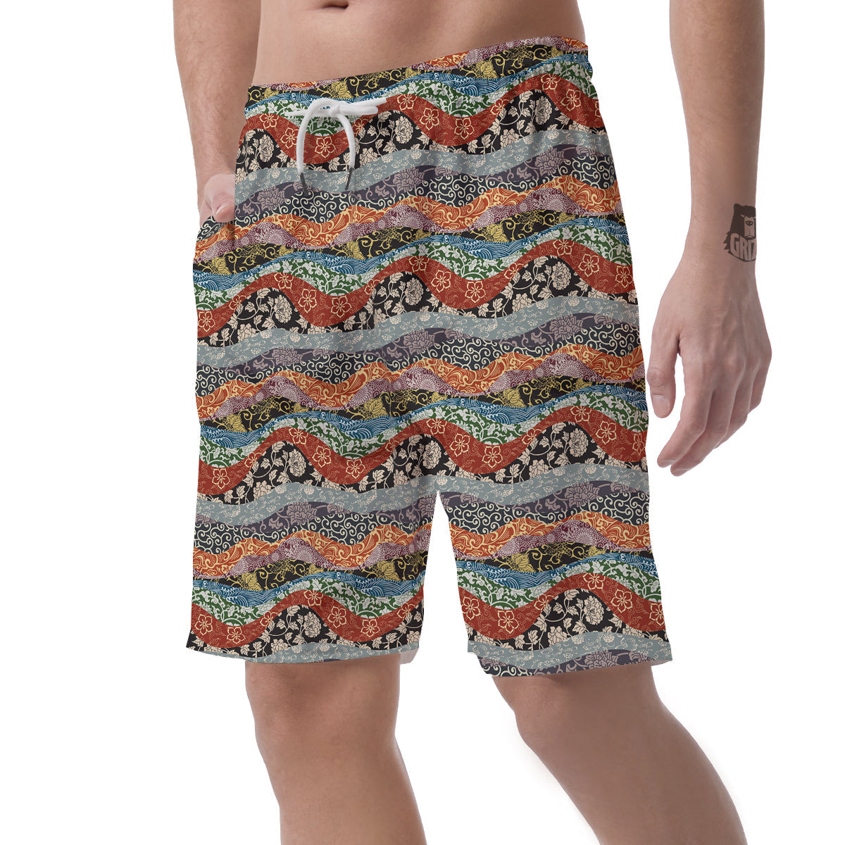 Wave Japanese Patchwork Print Pattern Men's Shorts-grizzshop